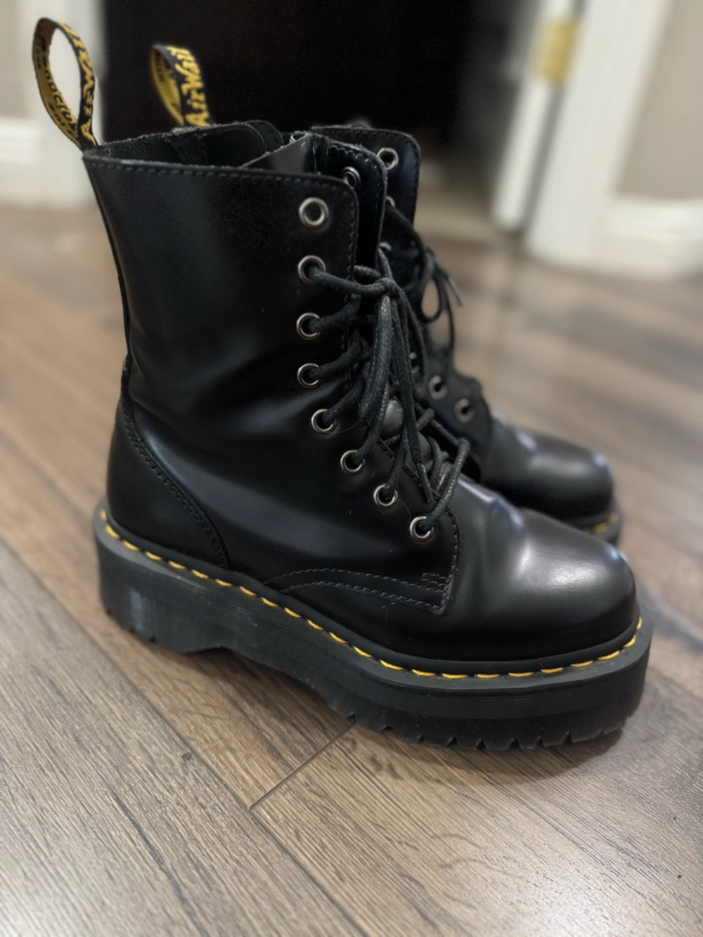Dr. Martens Black Platform Lace-Up Boots with Yellow Stitching